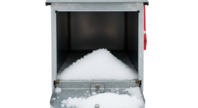 Open metal mailbox filled with a pile of fresh snow. Winter weather and interrupted mail delivery concept. Isolated on a transparent background