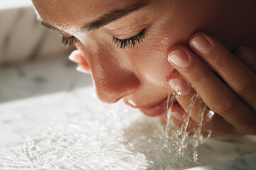 Fototapeta premium Close-up of a woman washing her face with fresh water, glistening skin and delicate eyelashes in a gentle skincare and self-care ritual
