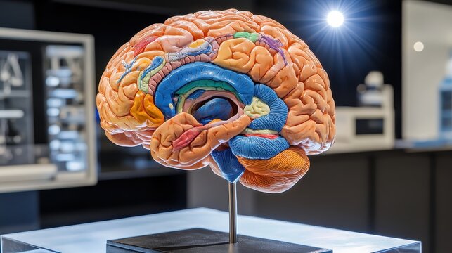 Human Brain Anatomy Model with Colored Regions on Display