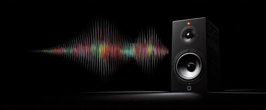 Black speaker emits colorful sound wave visualization on dark background.