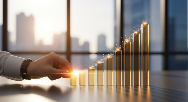 Businessman's hand touching golden chart with sparkling particles, for financial growth, investment success, economic progress, positive business development in modern corporate setting