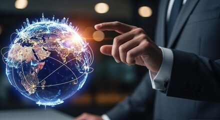 Businessman touching glowing digital globe with interconnected lines city lights, for global business, network connections, technology, international collaboration, for expansion future