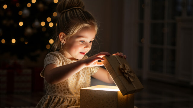 Excited little girl opening a magical glowing Christmas gift. Child filled with wonder looking inside a glowing present box. Holiday surprise and childhood joy concept