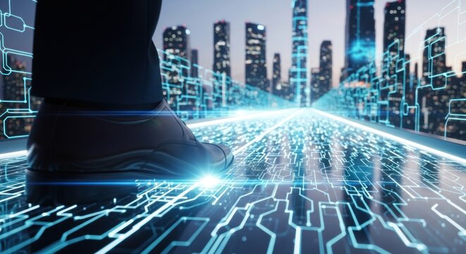 Businessman stepping digital circuit board pathway with glowing blue lines, leading towards futuristic city skyline, for technological advancement, innovation, future business progress