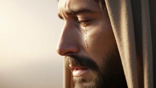 Close-up profile of Jesus Christ crying with a single tear of sorrow. A powerful depiction of divine compassion and empathy for humanity