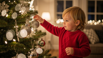Cute blonde toddler in a red sweater decorating a Christmas tree. Little boy hanging a silver ornament on a festive fir tree at home. Holiday season celebration and childhood wonder