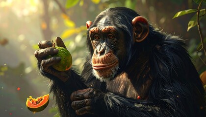 A close-up view of a chimpanzee holding a green fruit, with a slice of another fruit falling. The setting is a bright, sunlit forest