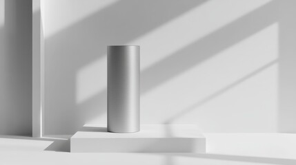 Fototapeta premium Minimalist perfume cylinder on white podium with dramatic shadows