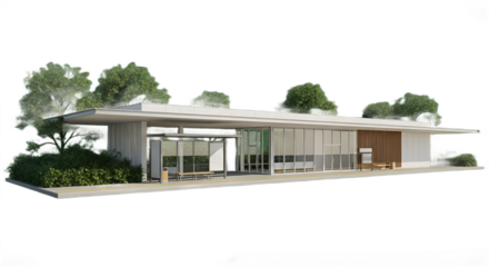 Architectural rendering of modern transit station with green landscaping on a clear, sunny day.