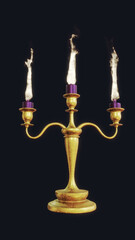 burning violet candle golden candelabra on dark background 3D rendering