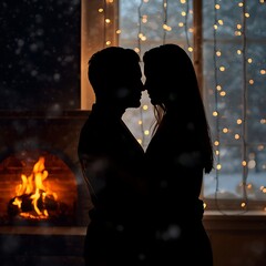 Romantic Christmas Couple Silhouette by Snowy Window
