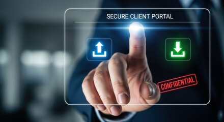 Businessman touching glowing interface for secure client portal with upload download icons, for data management, secure file transfer, confidential information access in digital business