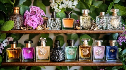 Perfume Bottles Displayed On Wooden Shelf Against Floral Backdrop