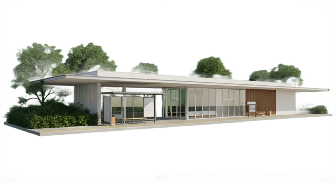 Architectural rendering of modern transit station with green landscaping on a clear, sunny day.