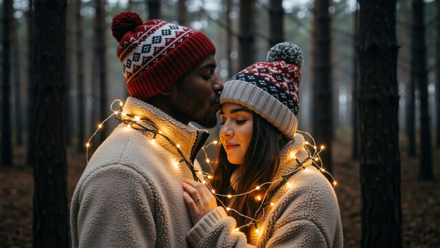 Interracial couple embracing in a winter forest with Christmas lights. Black man kissing a woman on the forehead in a tender moment. Glowing fairy lights is wrapped around them.