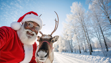A smiling Black Santa Claus takes a fun selfie with his reindeer in a snowy winter landscape. Diverse Christmas holiday portrait with African American Santa. Copy space for text.