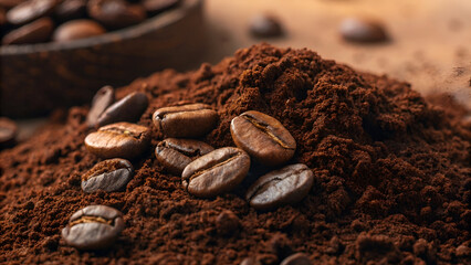 Coffee powder with beans as background, closeup