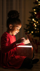 Surprised little Black girl opening a magical glowing Christmas gift. Vertical photo of a child with an expression of wonder looking inside a present box by a festive tree. 