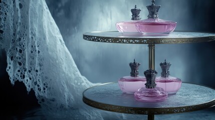 Pink Perfume Bottles On Tiered Brass Shelving With Crown Tops