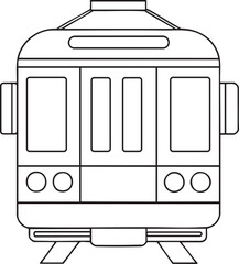 Classic tram front view illustration in line art style for educational and coloring projects