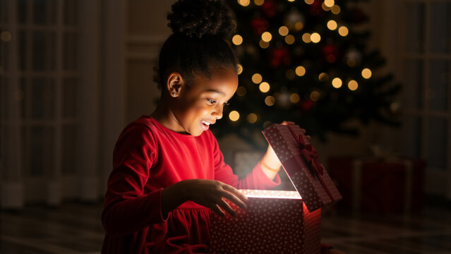 A happy African American girl opening a magical glowing Christmas gift box. Surprised child filled with wonder and joy in front of a festive tree at night