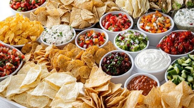 Overhead view of assorted chips and dips for a delicious party - Powered by Adobe