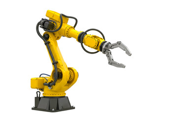 Yellow industrial robot arm isolated on transparent background for manufacturing use