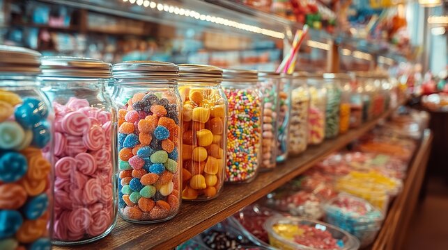An array of colorful candies in glass jars on shelves in a vintage candy store display