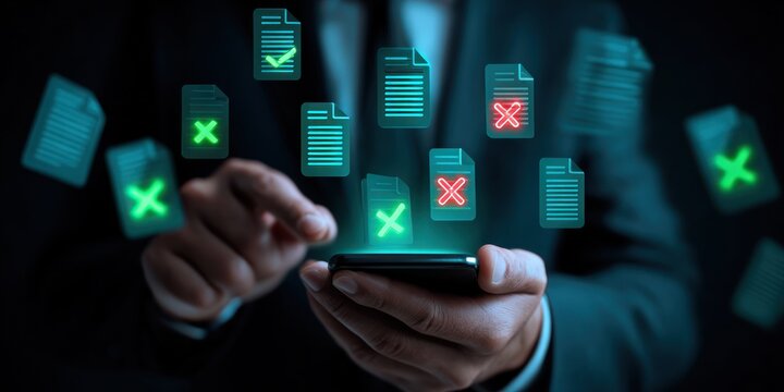 Businessman interacting with holographic document approval rejection interface.