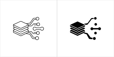 Data processing and transfer icons, line art and solid black