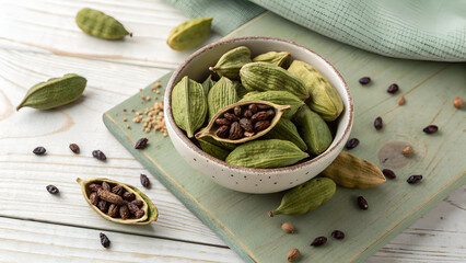 Open Green Cardamom Pods with Seeds in Small Bowl – Aromatic Spice on Wooden Table