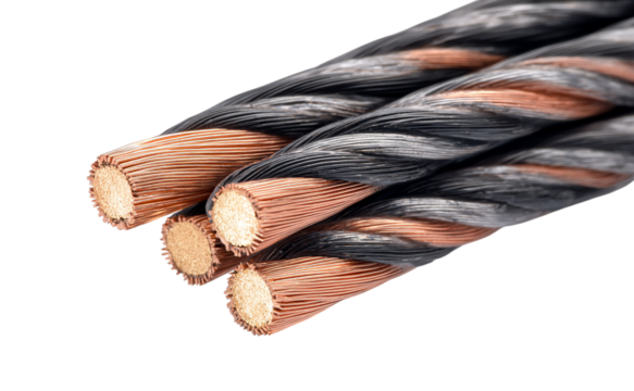 Copper and Black Stranded Power Cable isolated on a transparent background