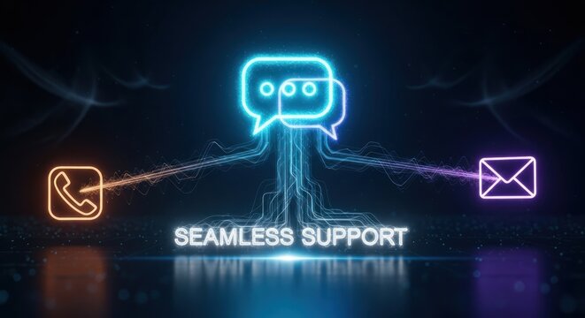 Glowing neon icons for phone call, chat bubbles, email connected to central hub, for seamless customer support, communication channels, digital connectivity in modern business technology - Powered by Adobe