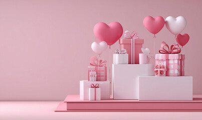 Valentine's Day gifts with pink balloons and heart-shaped decorations in soft pastel colors