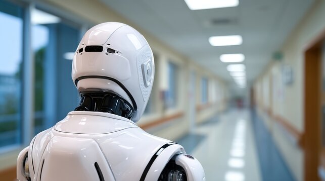 A futuristic humanoid robot stands in a sterile hospital corridor, embodying advanced technology in healthcare.