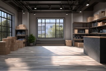 showroom or product shop storage, industrial business management, open space interior. Generative AI
