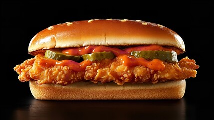 A delicious chicken sandwich with crispy fried chicken, pickles, and sauce on a sesame seed bun
