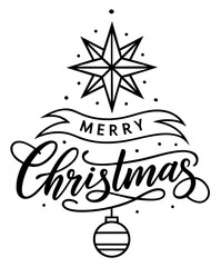 Merry Christmas lettering shaped like a Christmas tree with big star and hanging ornament ball in black style