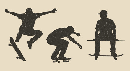 Skateboarders Silhouettes Performing Tricks Dynamic Skateboarding Action.