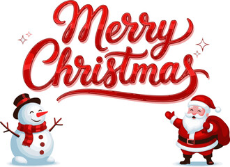 Red Merry Christmas Lettering with Santa & Snowman Vector