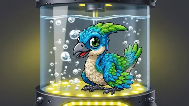 Cute animated blue green bird in liquid-filled sci-fi lab container, futuristic creature, genetic experiment, cartoon style.