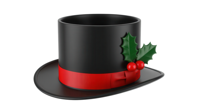 Elegant black top hat with festive red ribbon and holly leaves, perfect for holiday celebrations and winter events