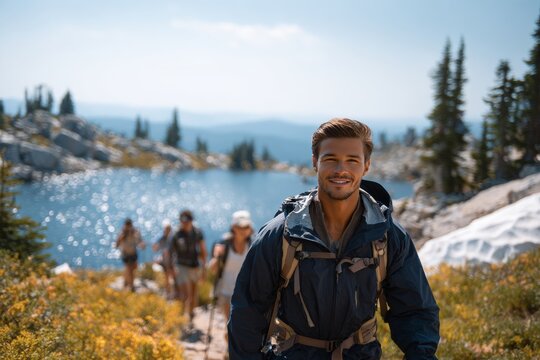 diverse group hiking, kayaking, skiing, and camping, real people, fun and physical moments, scenic nature, modern activewear. Generative AI