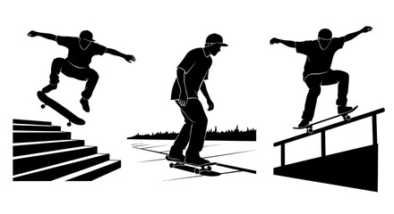 Skateboarders performing tricks on stairs ground and rail.