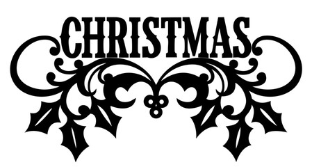 black Christmas typography with vintage ornament and holly leaves for greeting card