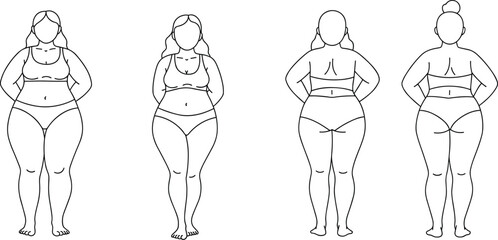 Full body female figure, plus size woman front and back view, curvy body sketch, fashion template, body diversity, vector illustration