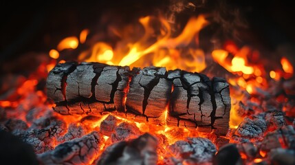 Smoldering logs in a blacksmiths forge with bright flames