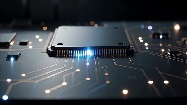 A close-up of a microprocessor on a circuit board with glowing elements.
