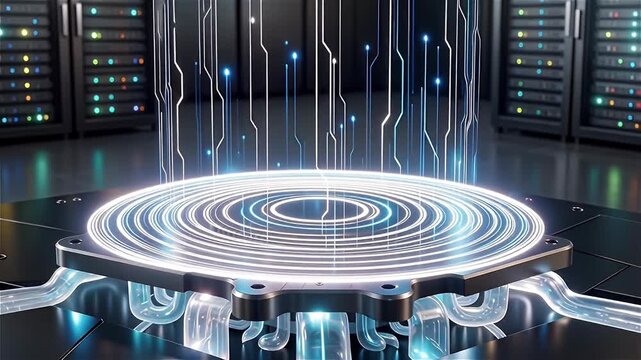 A close-up of a microprocessor with intricate circuitry and glowing connections, symbolizing advanced technology.