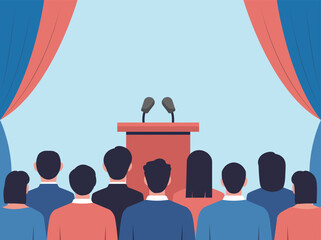 Empty press conference tribune with microphones. Conference with audience in hall. Media interviews. Vector stock